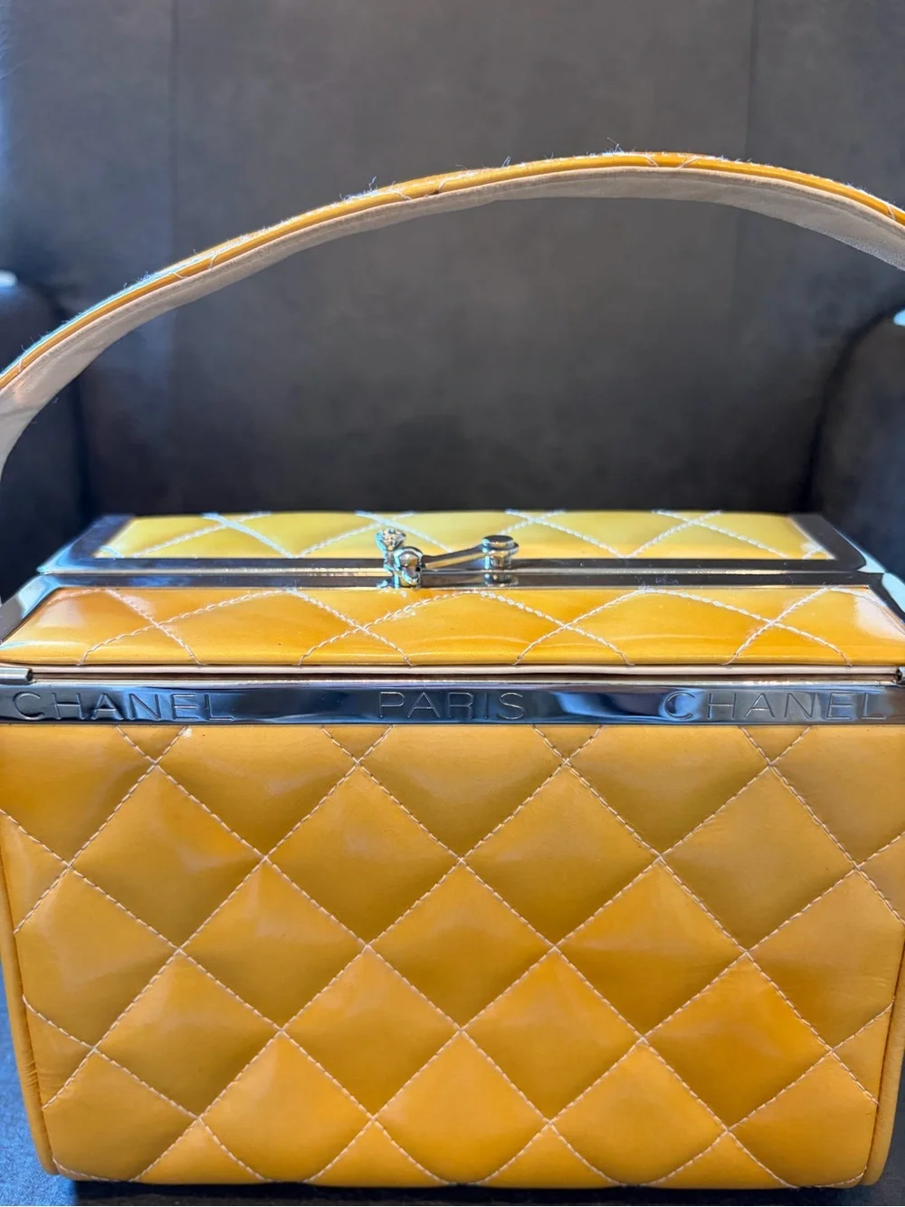 CHANEL Yellow Quilted Top-Handle Vanity Bag with Metal Trim